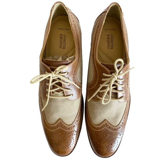 Johnston & Murphy Garner Wingtip Shoes Men Sz 11 Brown Tan Leather Linen Oxford - Picture 2 of 15